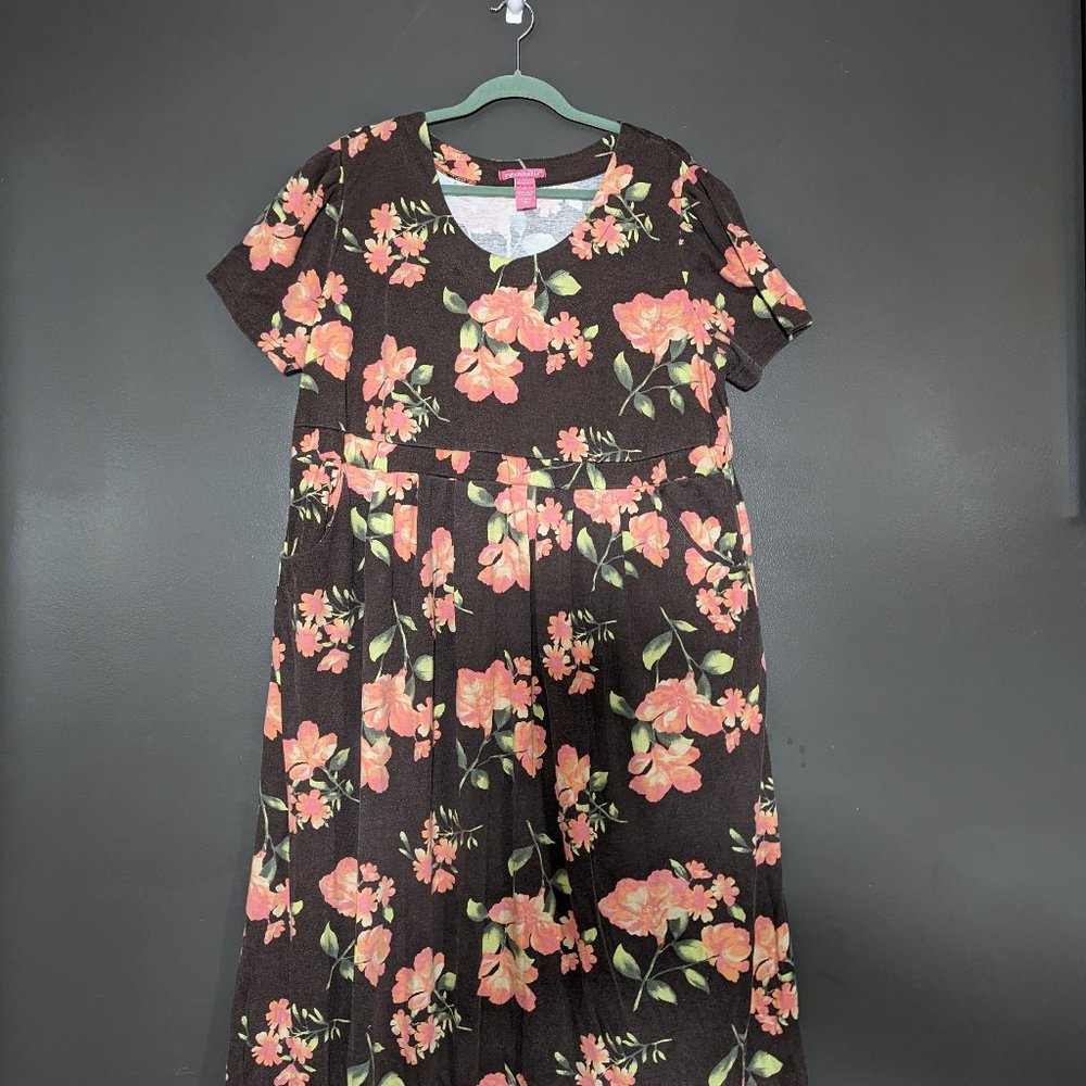 Dress - Woman Within brand. Size 1X. Short sleeve - black with green and orange